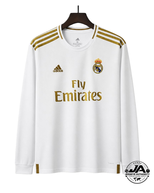 Retro 19/20 Real Madrid White with Gold Stripes Home Long Sleeve Jersey