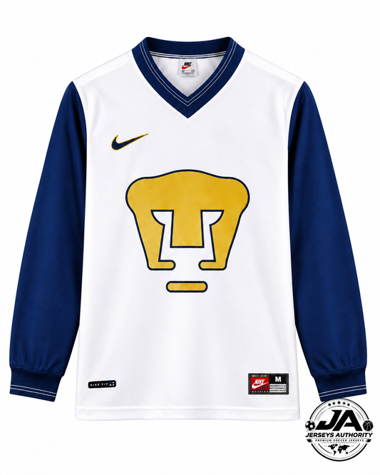 Front view of retro 98/99 Pumas UNAM home long sleeve white jersey