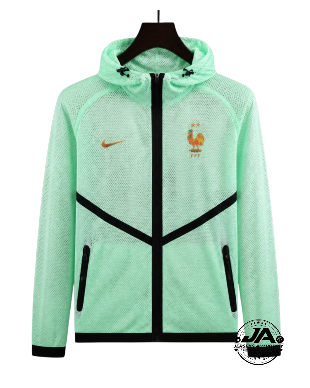 26/27 France Light Green Full Zipper Hooded Windbreaker Jacket