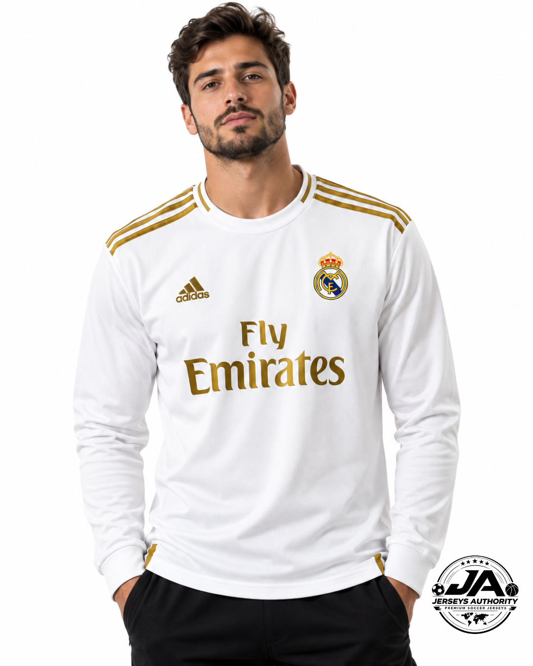 Retro 19/20 Real Madrid White with Gold Stripes Home Long Sleeve Jersey