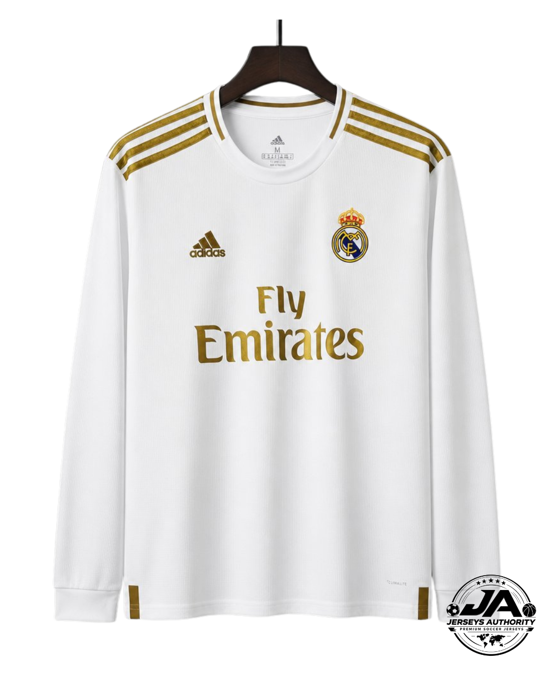 Retro 19/20 Real Madrid White with Gold Stripes Home Long Sleeve Jersey