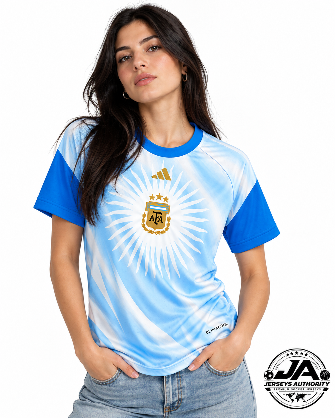 Woman modeling Argentina jersey