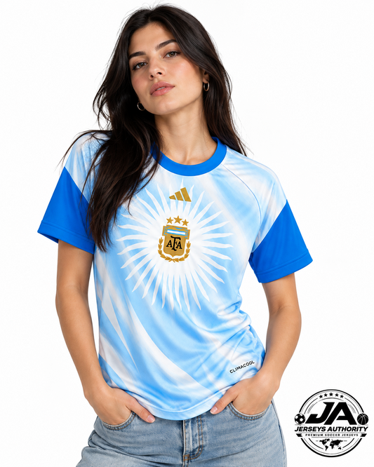 Woman modeling Argentina jersey