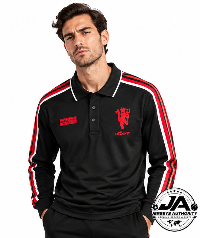 Model wearing Manchester United black Spezial long sleeve polo