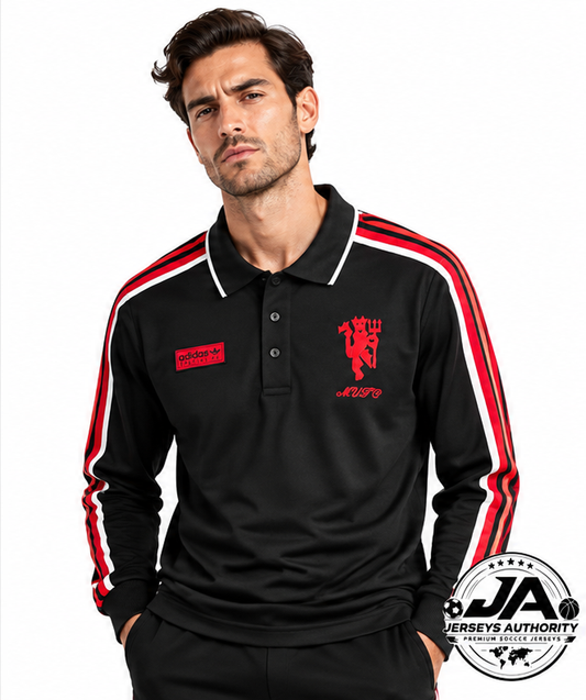 Model wearing Manchester United black Spezial long sleeve polo