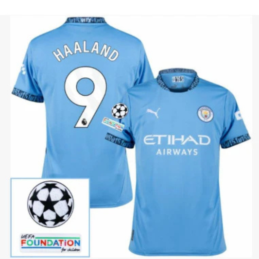 Manchester City Haaland 9 Camiseta Aficionado Local 2024/25 Parches UCL UEFA Foundation (Estampado Oficial)