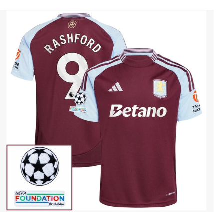 Aston Villa Rashford 9 Home Fan Jersey 2024/25 Patches UCL UEFA Foundation (Official Printing)