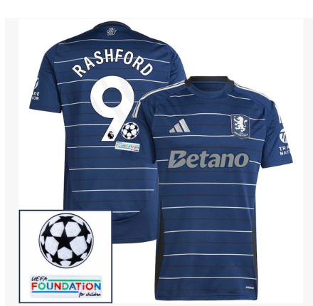 Aston Villa Rashford 9 Third Fan Jersey 2024/25 Patches UCL UEFA Foundation (Official Printing)