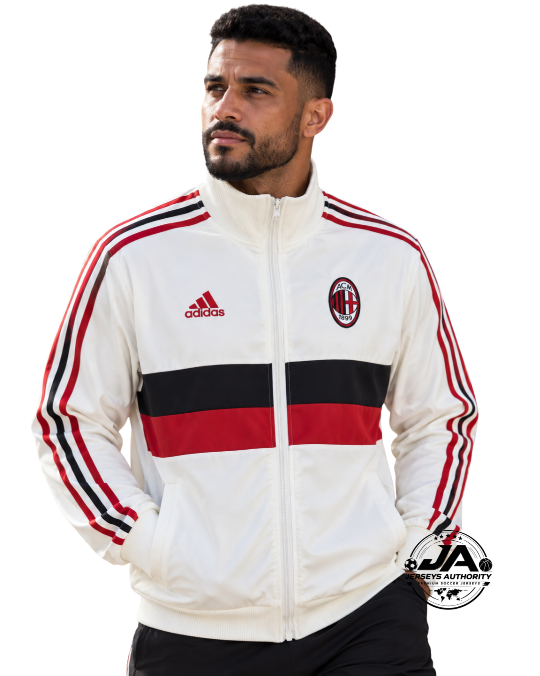 Model wearing AC Milan white windbreaker jacket