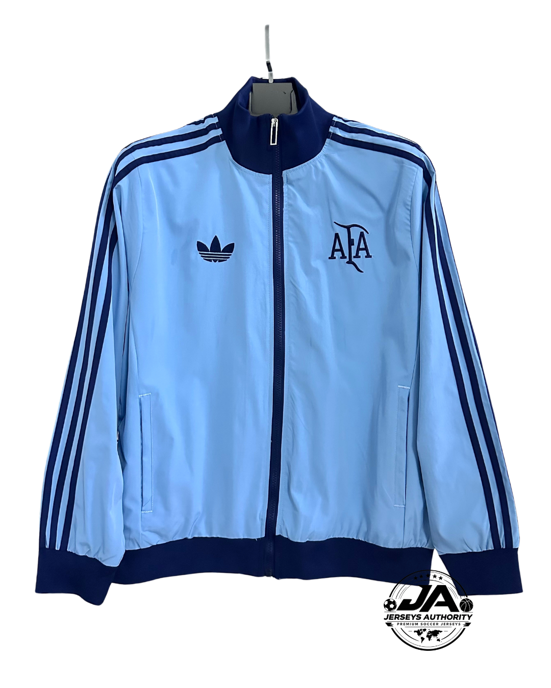 Man wearing Argentina blue windbreaker