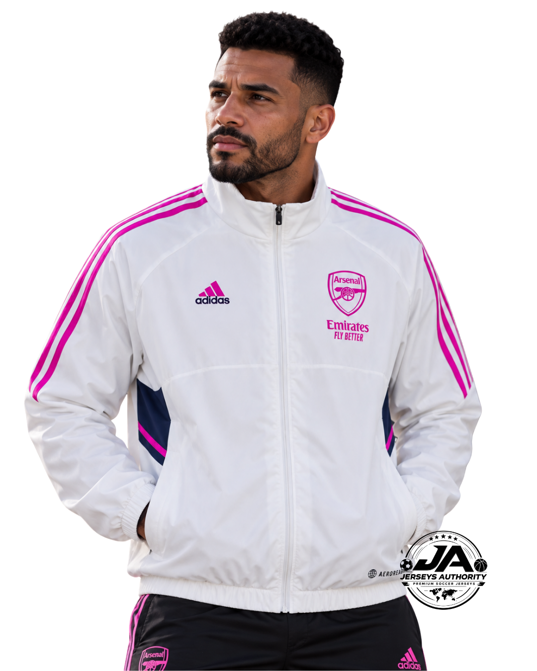 Man wearing Arsenal retro white pink full zip windbreaker