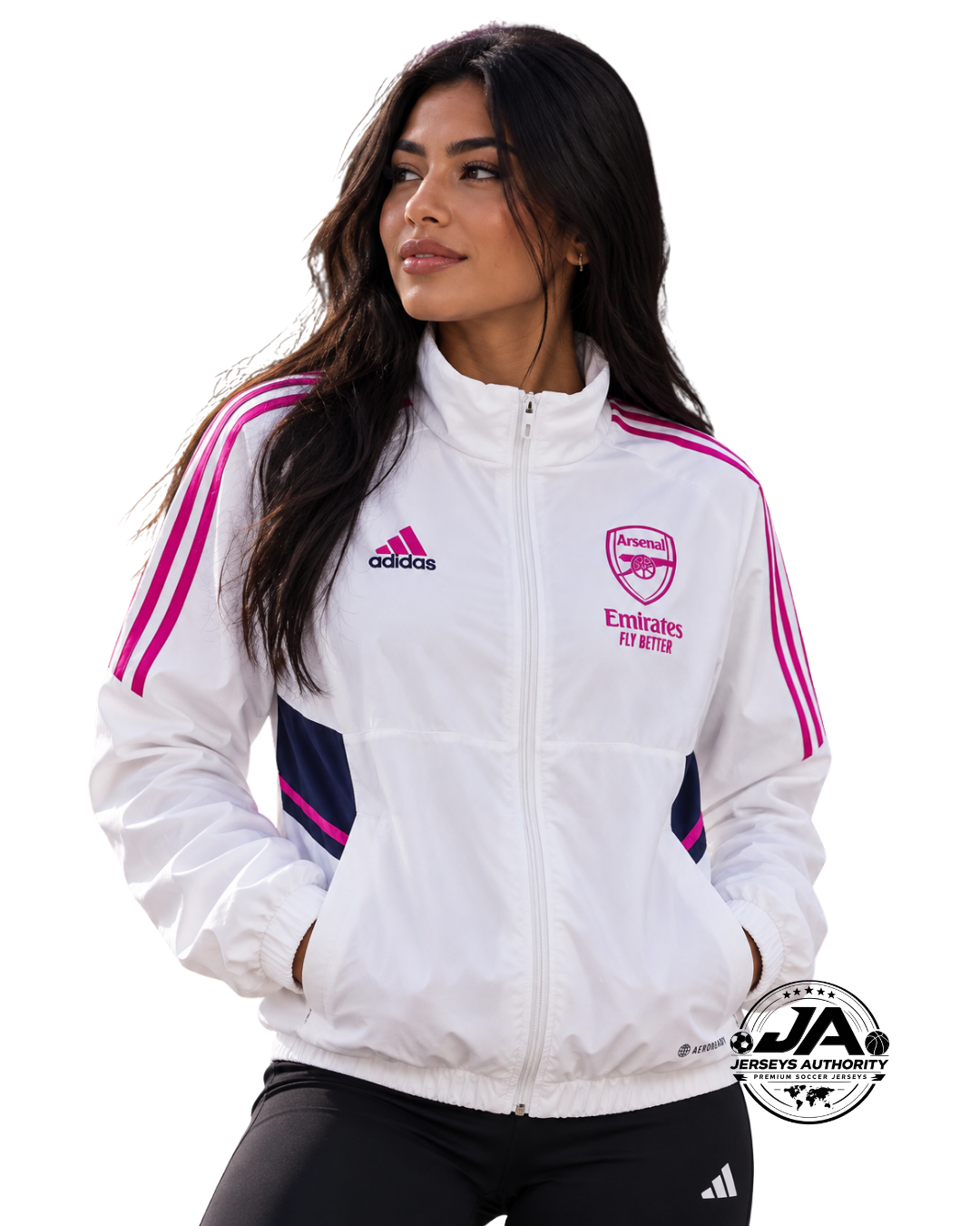 Woman wearing Arsenal white pink windbreaker