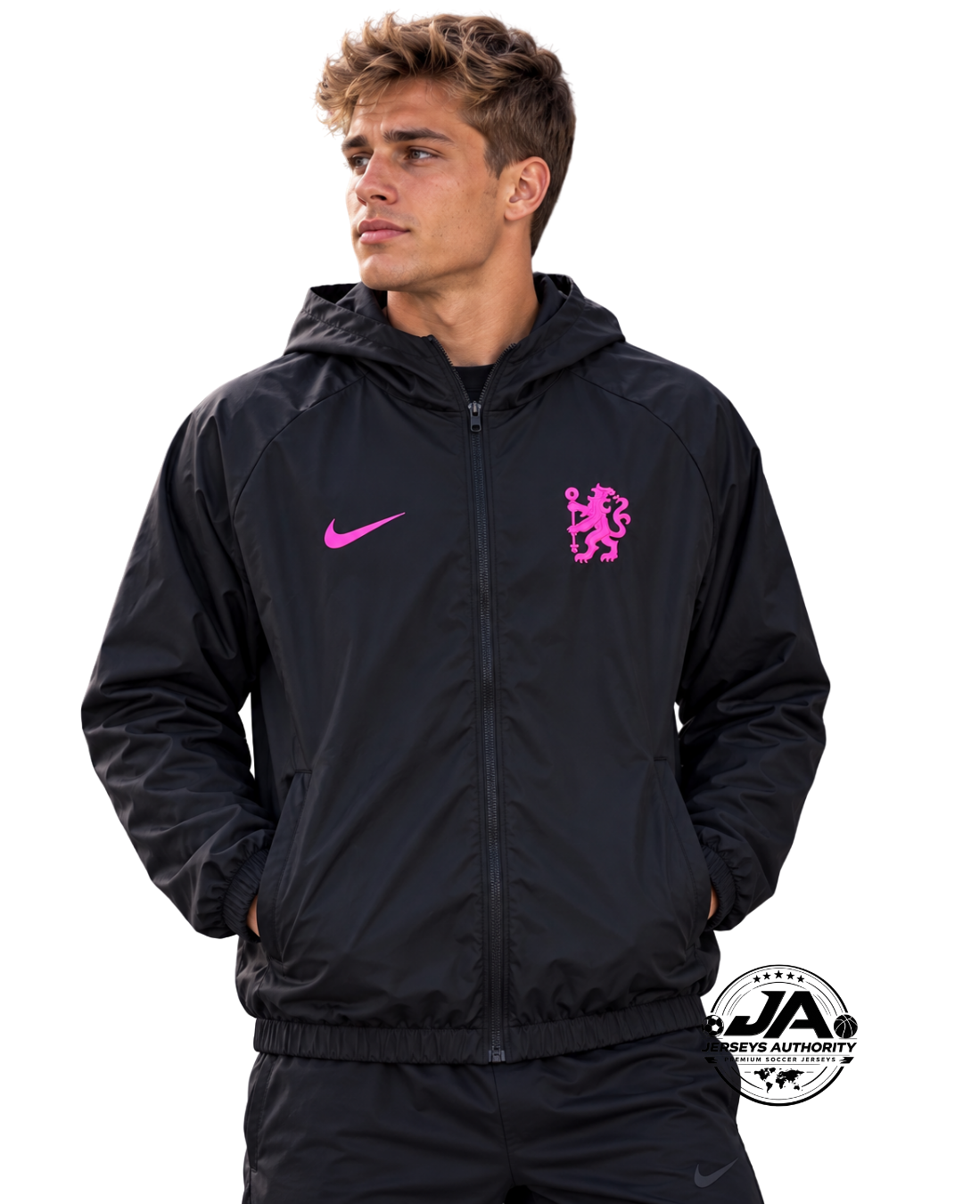 Model wearing Chelsea 26/27 black pink windbreaker