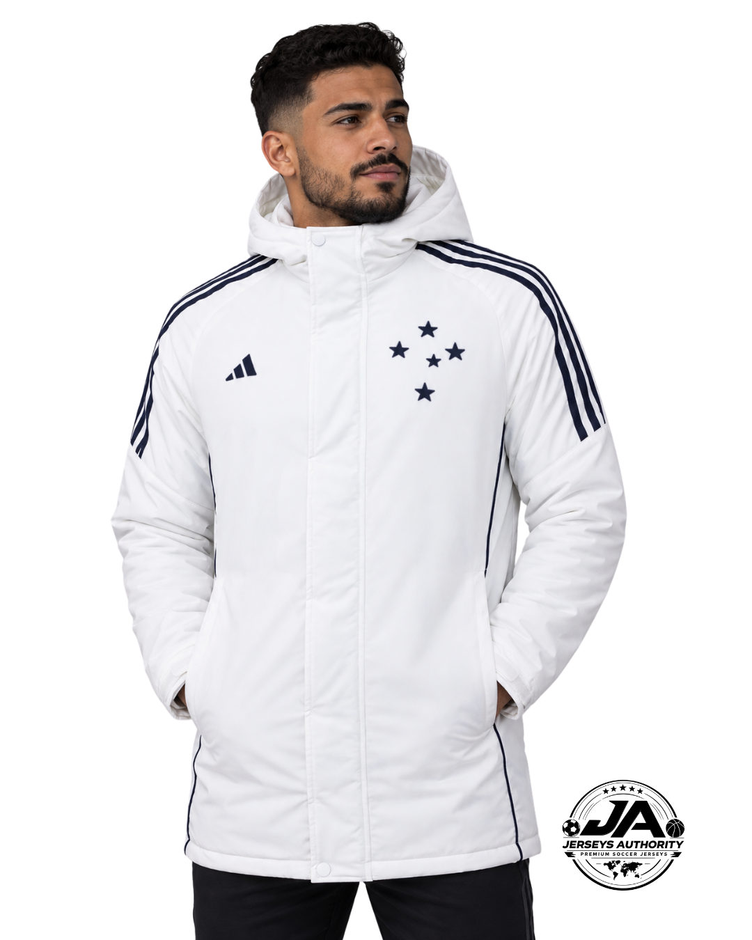 Model wearing Cruzeiro 2026 white puffer jacket