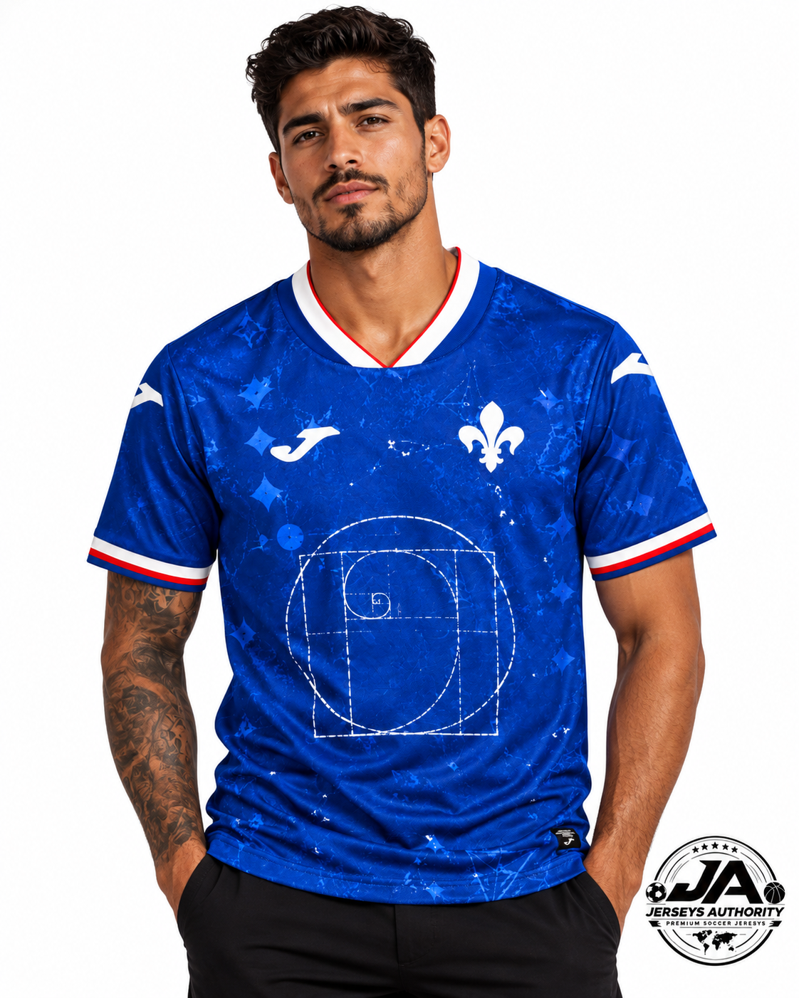 Male model wearing Fiorentina third blue jersey