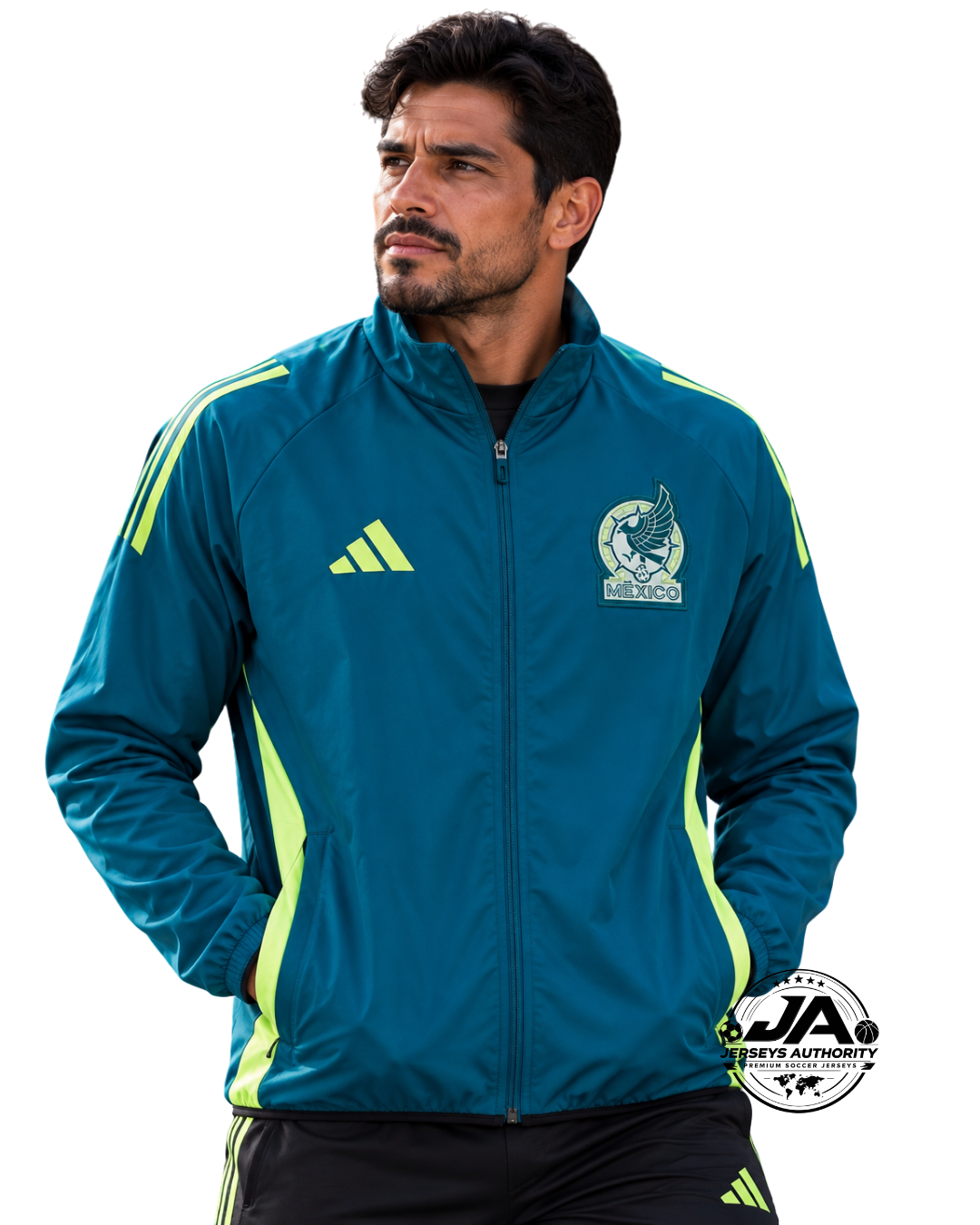Model wearing Mexico teal green windbreaker jacket