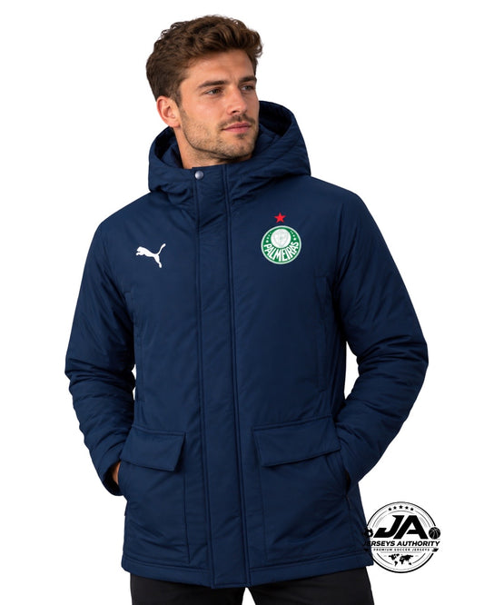 Model wearing Palmeiras 2026 navy blue puffer jacket