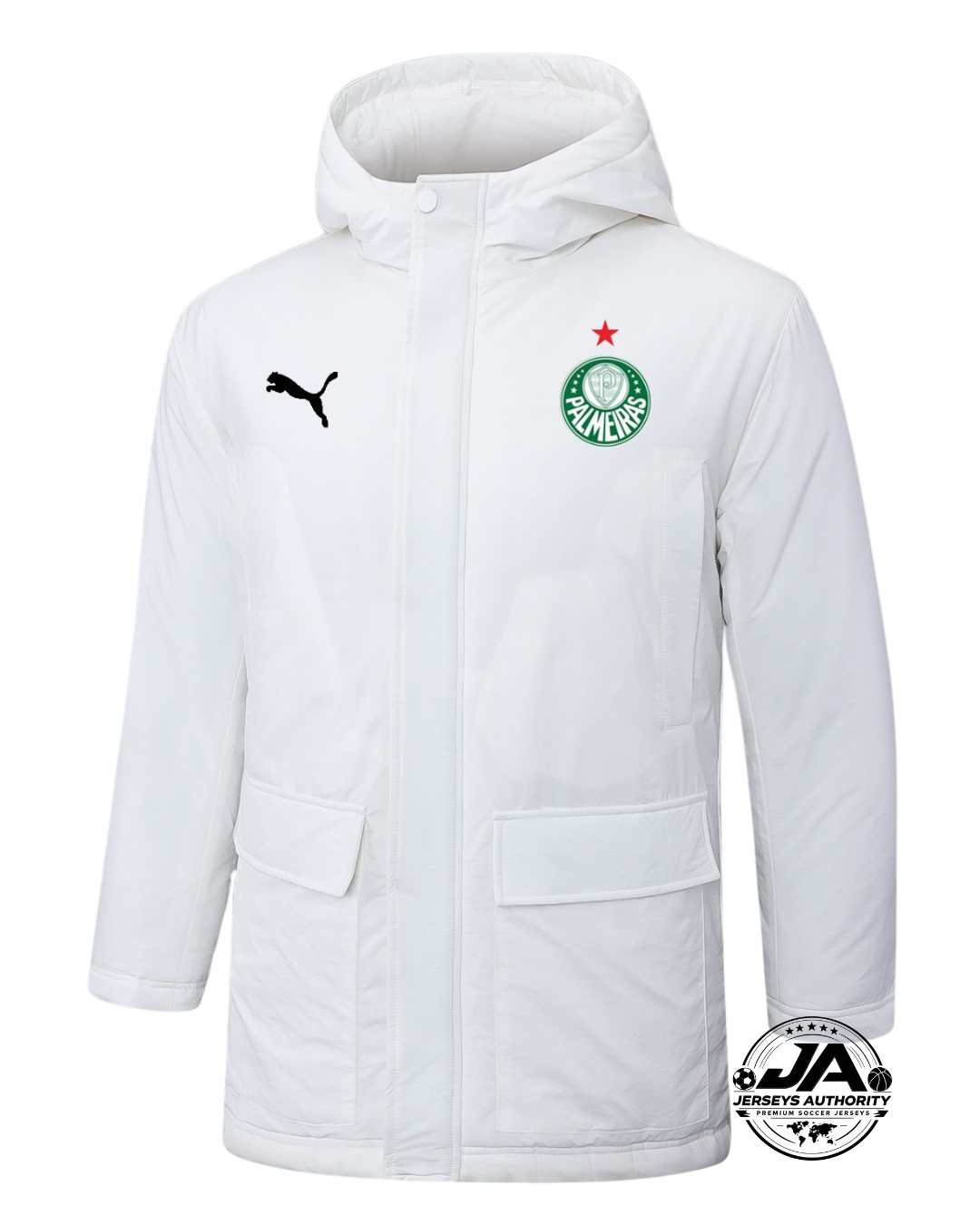 Model wearing white Palmeiras Puma puffer jacket