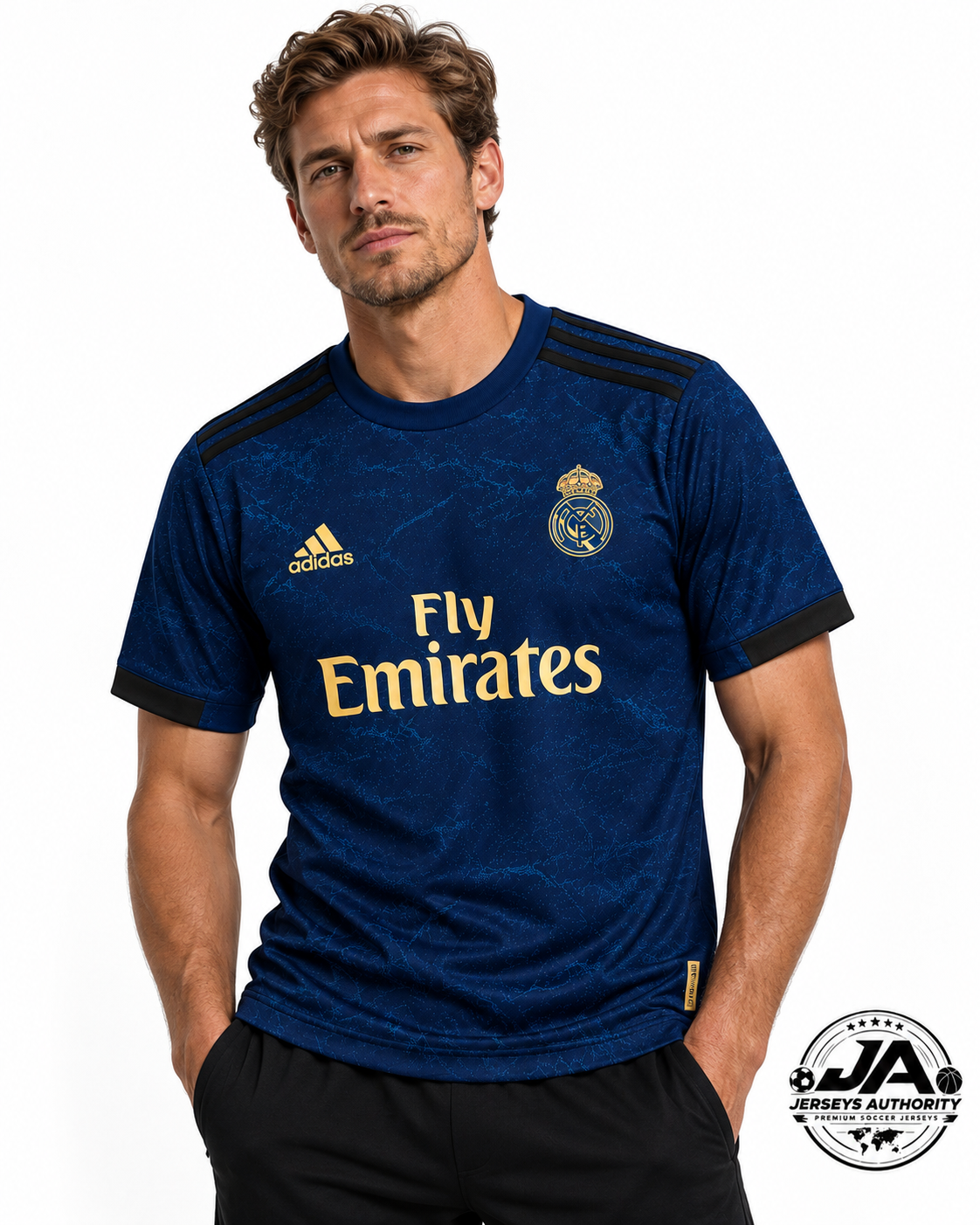 Retro 19/20 Real Madrid navy away jersey worn by model