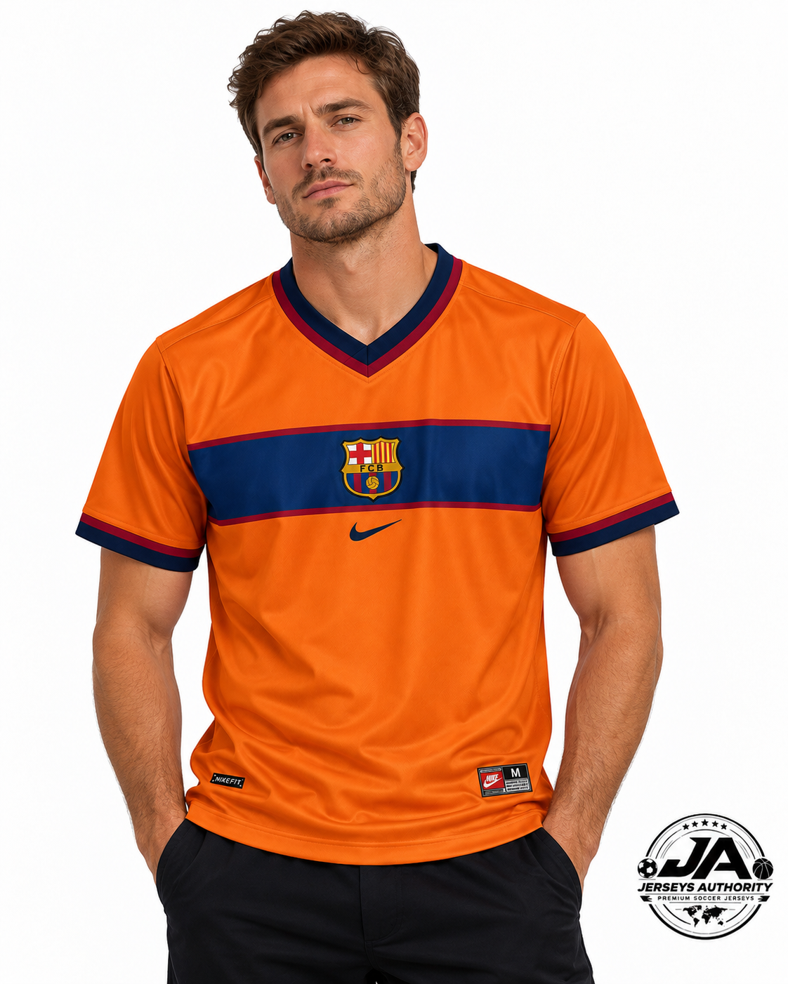 Barcelona 98/99 orange away jersey worn by male model