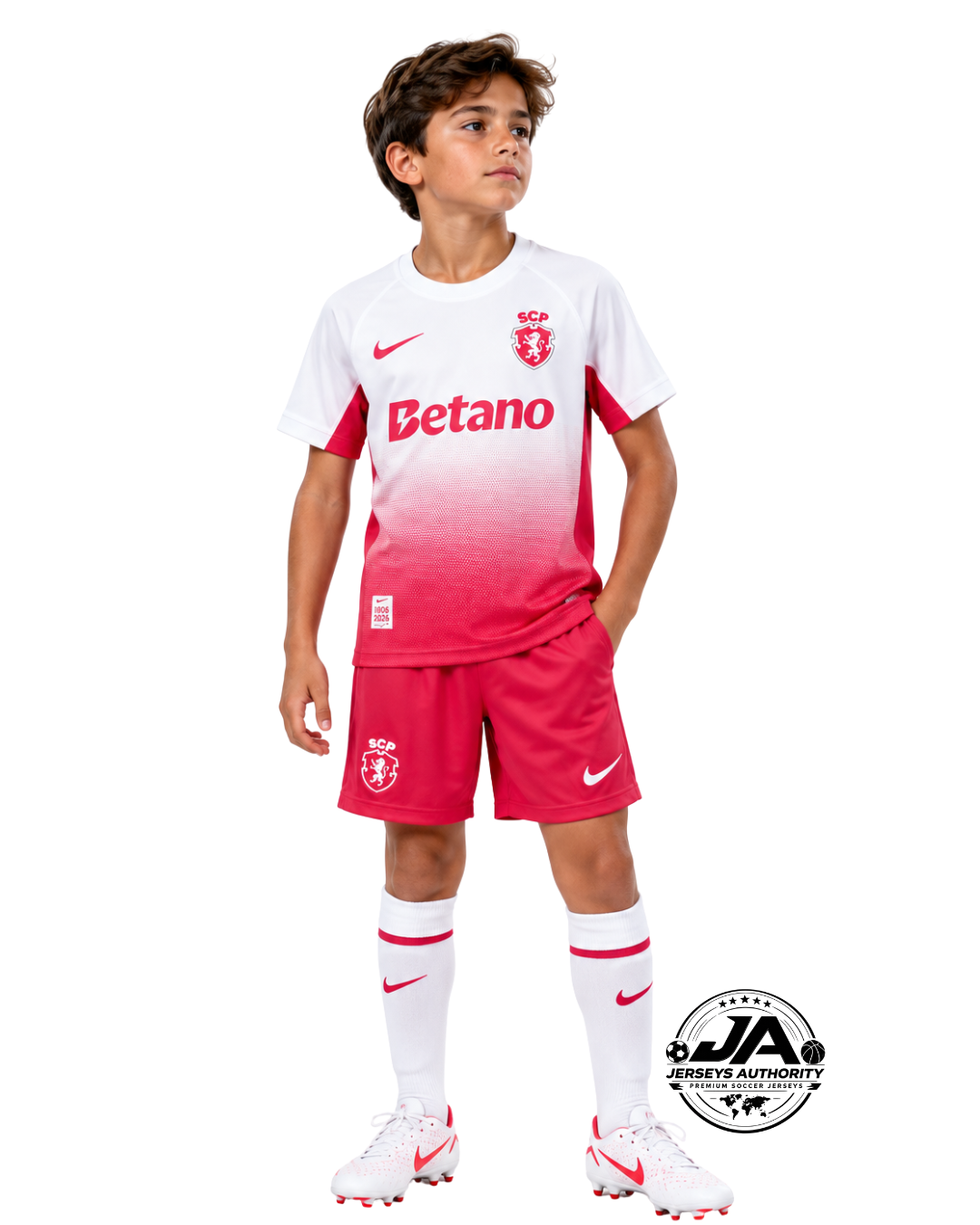 Kids Sporting CP Lisbon Pink Jersey on model