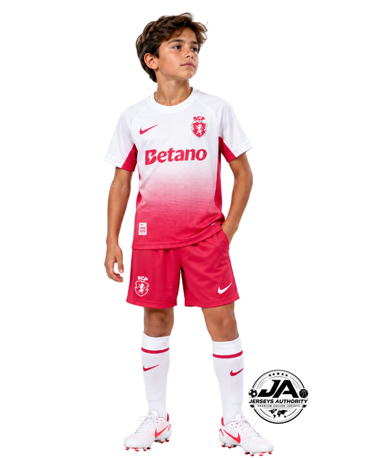 Kids Sporting CP Lisbon Pink Jersey on model